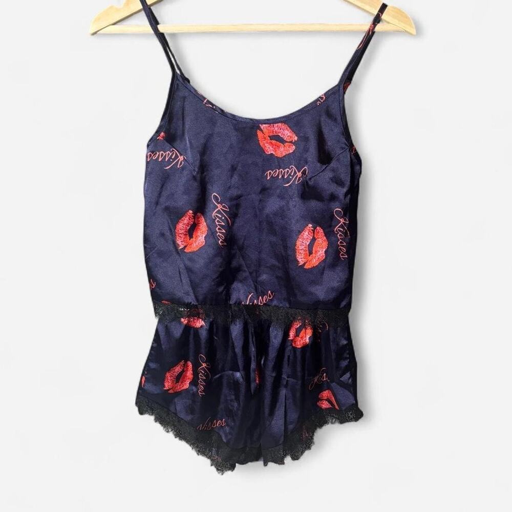 Satin Kiss Print Romper Cami Shorts Set Lace Trim Navy Blue Kisses Size XS